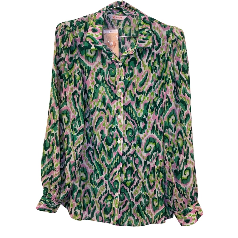 Kirundo Womens Green Pink Abstract Print Button Down Blouse Long Sleeve Size M